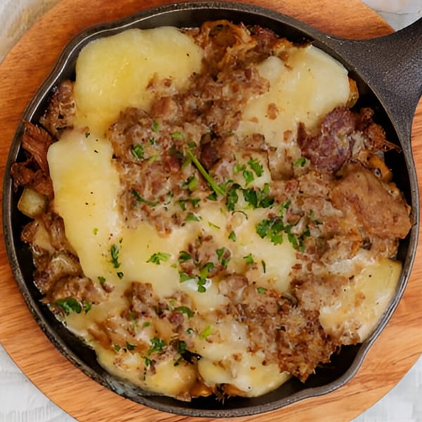 Maldon’s Brasserie's French onion soup gratinée, a rich, cheesy, and savory dish in a cast iron skillet.